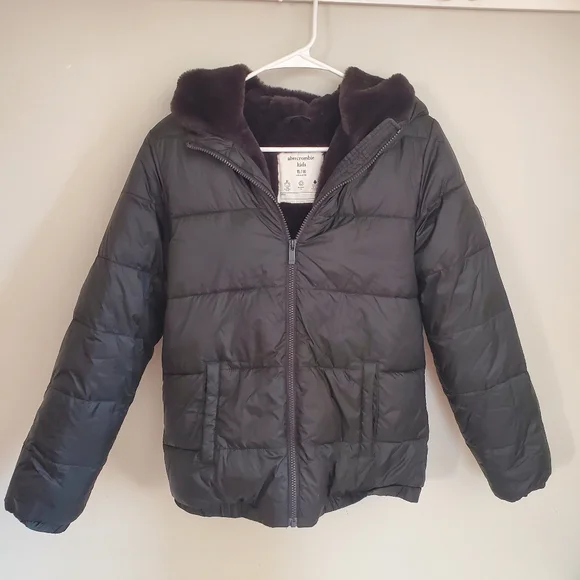 Abercrombie Kids Black Puffer Faux Fur Hooded Jacket Youth Girls 15/16